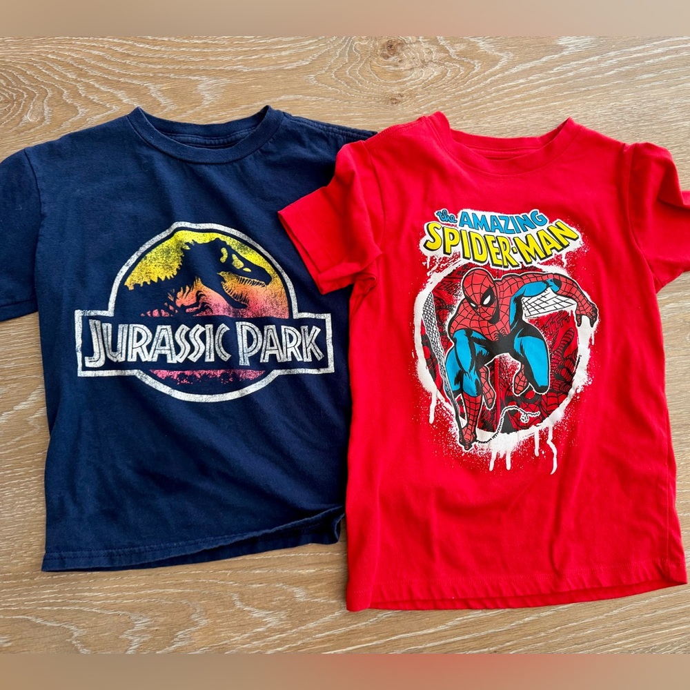 Jurassic Park and Spider-Man T-Shirts (2) boys shirts one size 8 & one size 6/7